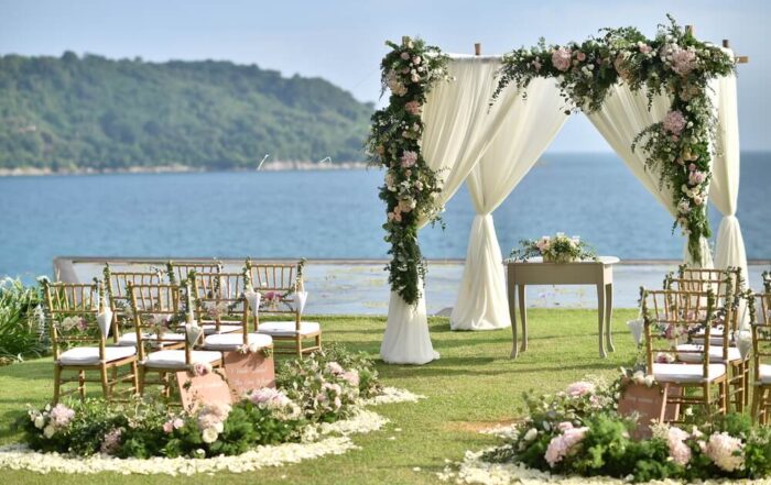 View of archway overlooking lake: Branson wedding venues
